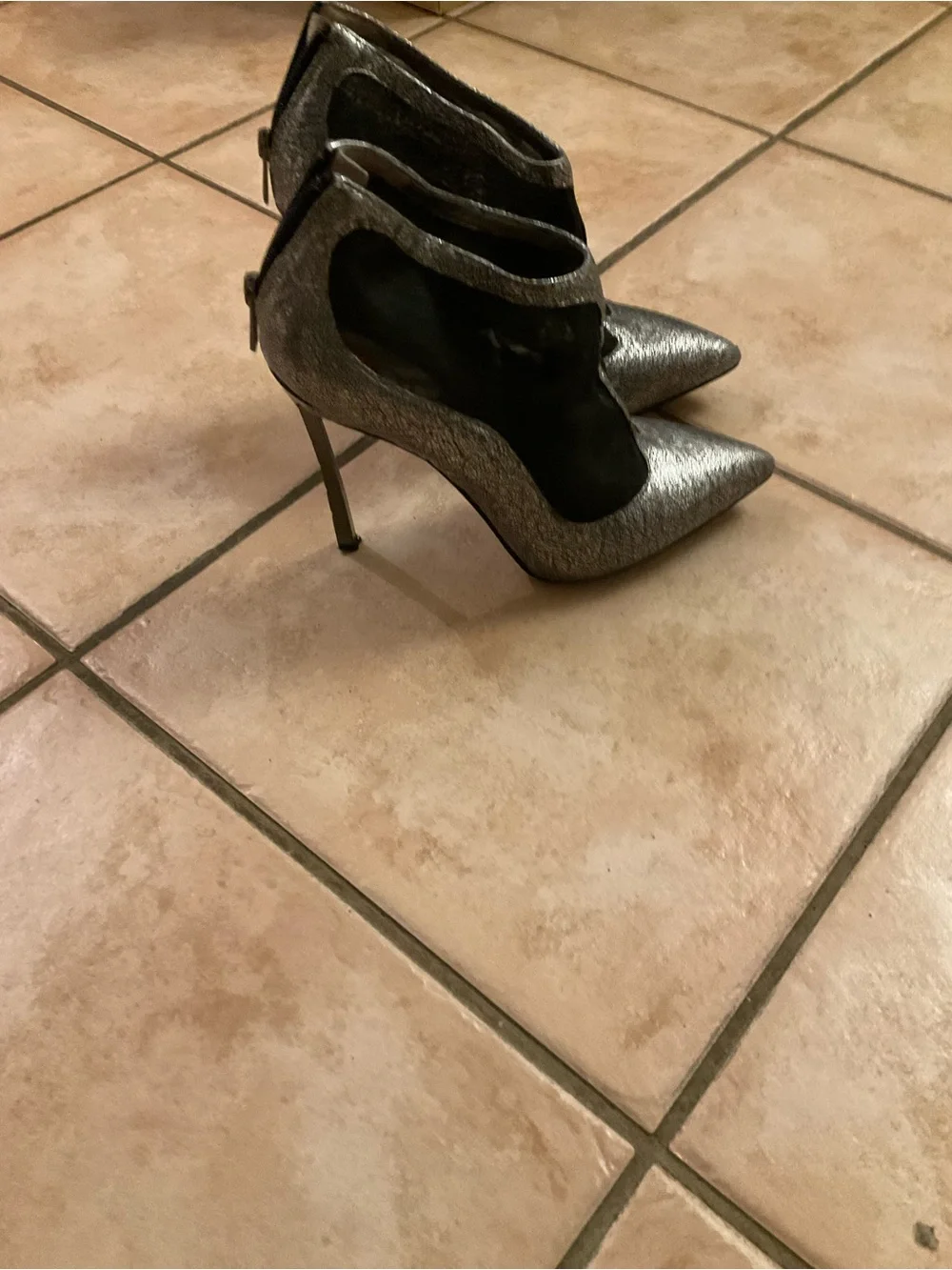 Sam Edelman Silver Glitter Pointed Toe Stiletto Booties with Black Mesh Insets